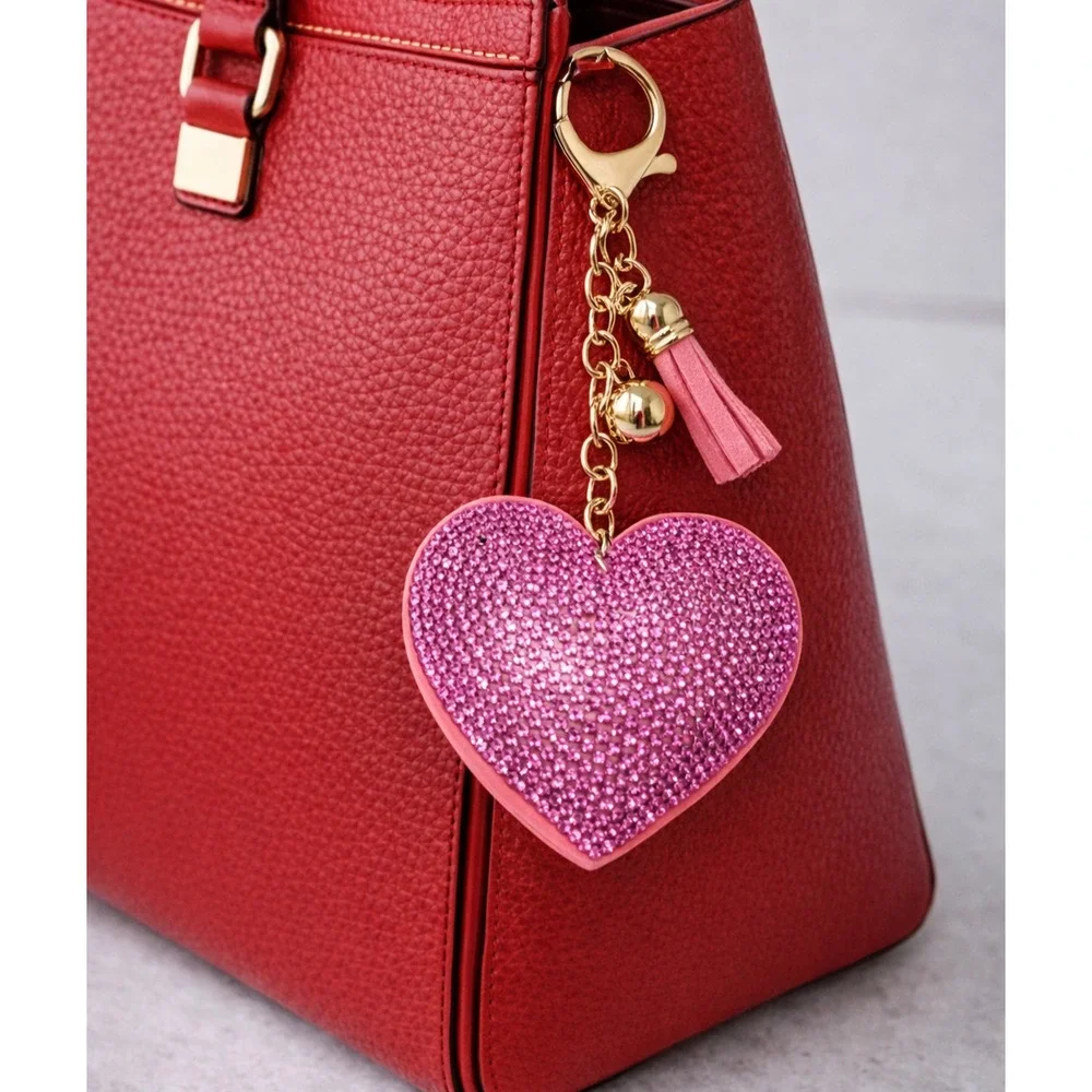 Heart Rhinestone Bling Keychain Tassel Pink Tone Purse Bag Charm Gift Cute New